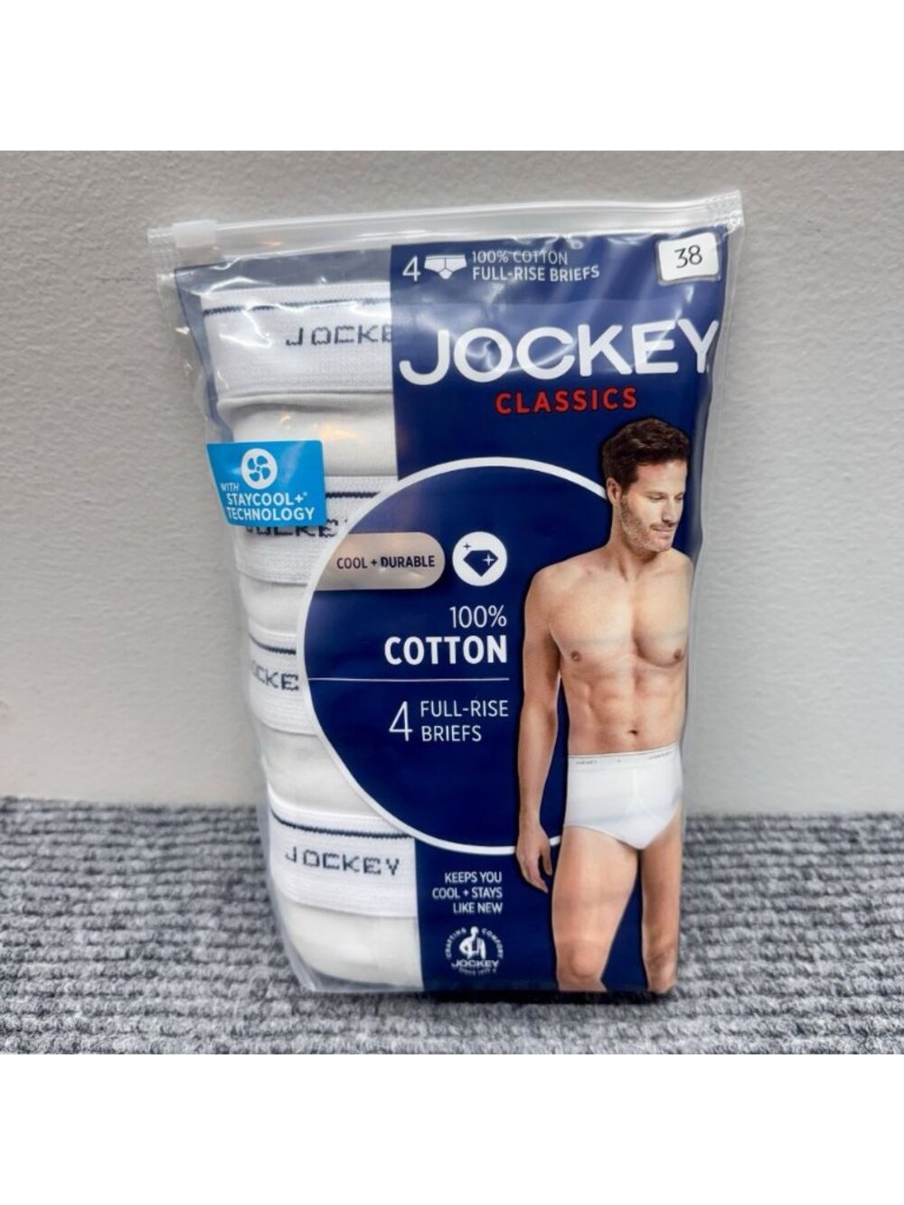 Jockey Full-Rise Briefs Underwear Mens 38 White 4-Pack StayCool 100% Cotton NEW